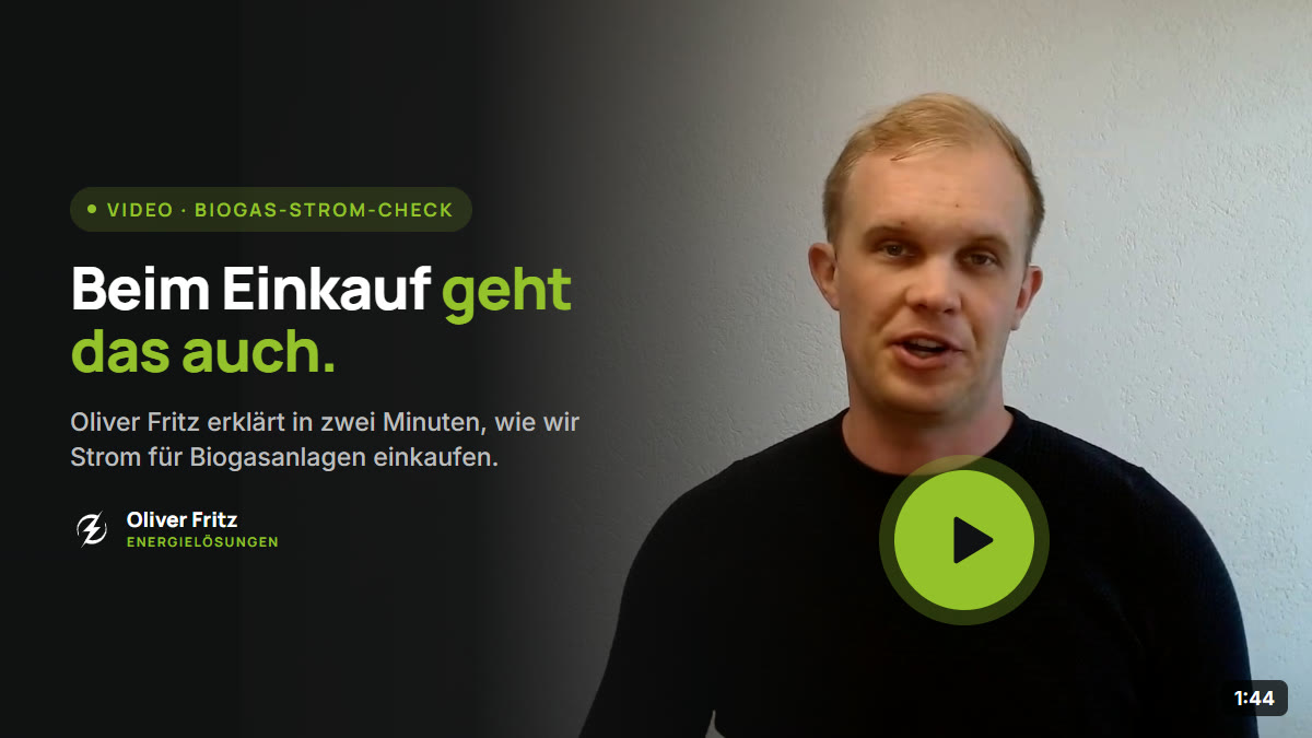 Beim Einkauf geht das auch. Oliver Fritz erklärt in zwei Minuten, wie wir Strom für Biogasanlagen einkaufen.